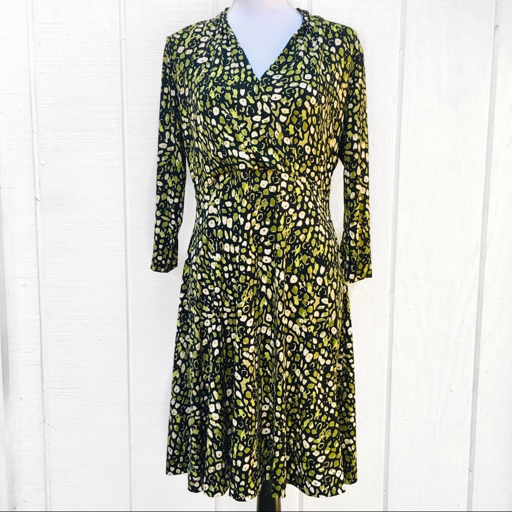 Chaus Green Multi Color V Neck Midi Dress